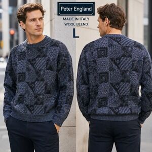 Peter England Mens Wool Blend Geometric Sweater Made in Italy‎ Blue Black Large